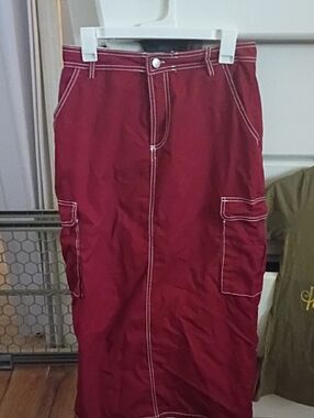 Forever 21 Red Maxi Cargo Skirt with Contrast White Stitching